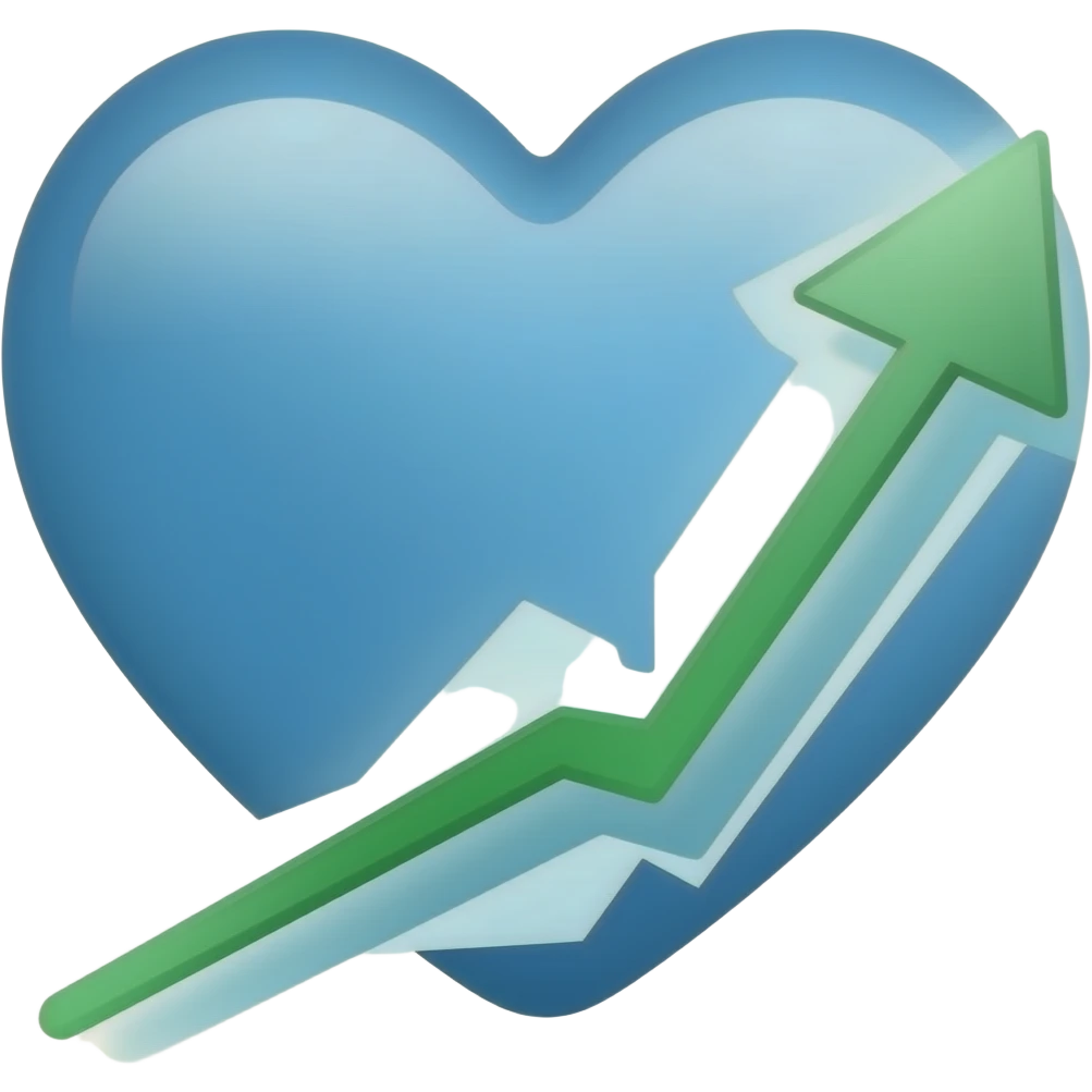 On the left: a whole blue heart. On the right: a growing economic chart in the form of an arrow emoji
