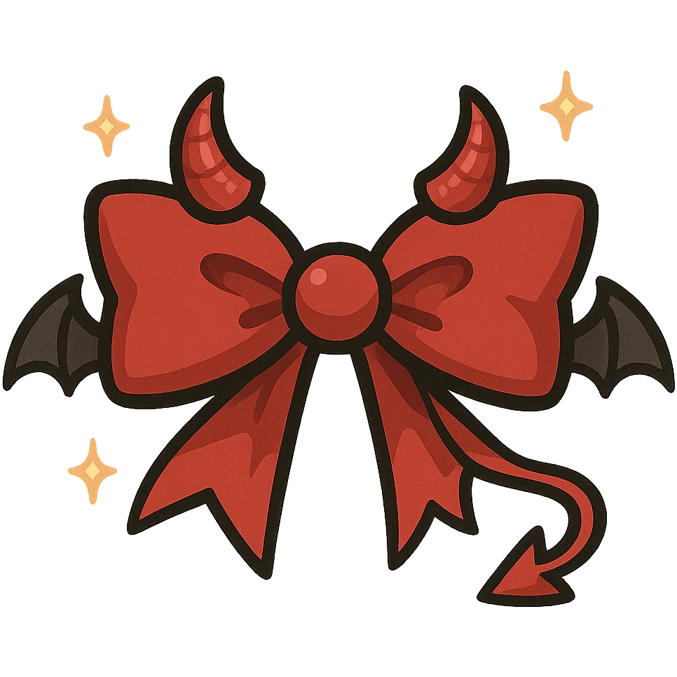 devil bow, red and black colors, small horns on the bow, pointed ends, mischievous vibe, bat wings, sparkles, chibi style emoji