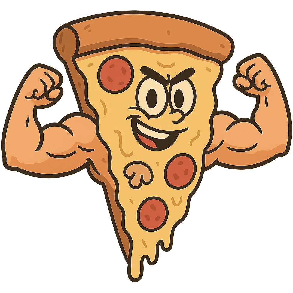 slice of pizza with big muscles, flexing arms, fun and bold style emoji