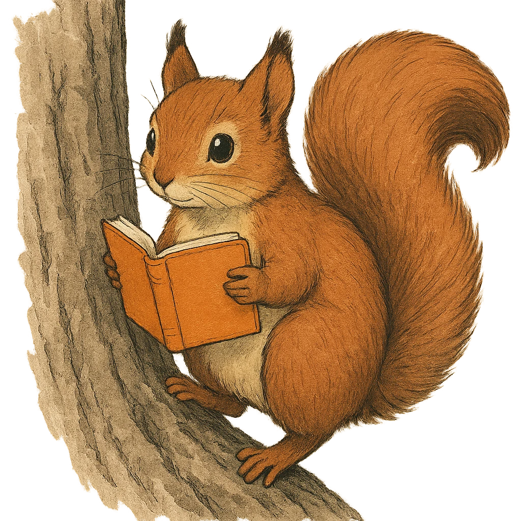 A cute brown squirrel with an orange book, studying at Siberian Federal University, climbing a tree, full body, detailed fur, intelligent and beautiful emoji