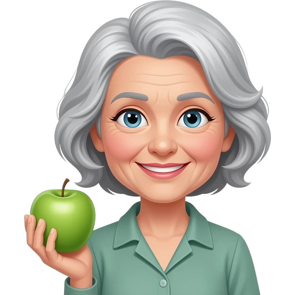 Lady modèle âged with beautiful grey hair and with Green apple emoji