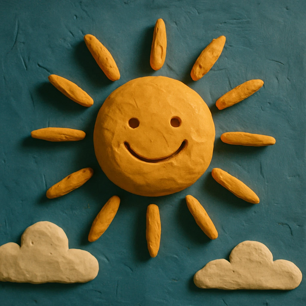 a smiling sun with rays, claymation style emoji