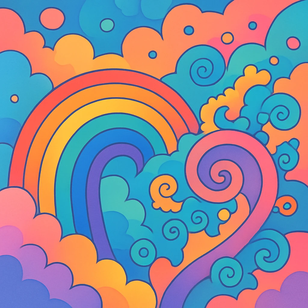 funky rainbow fractal, soft gradients, flowing, dreamy, colorful, vibrant toon style emoji