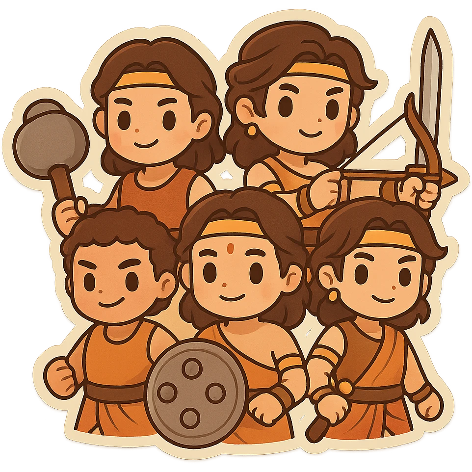 Pach Pandav, the five Pandava brothers, stylized as chibi cartoon characters, each with distinct features and weapons, grouped together emoji