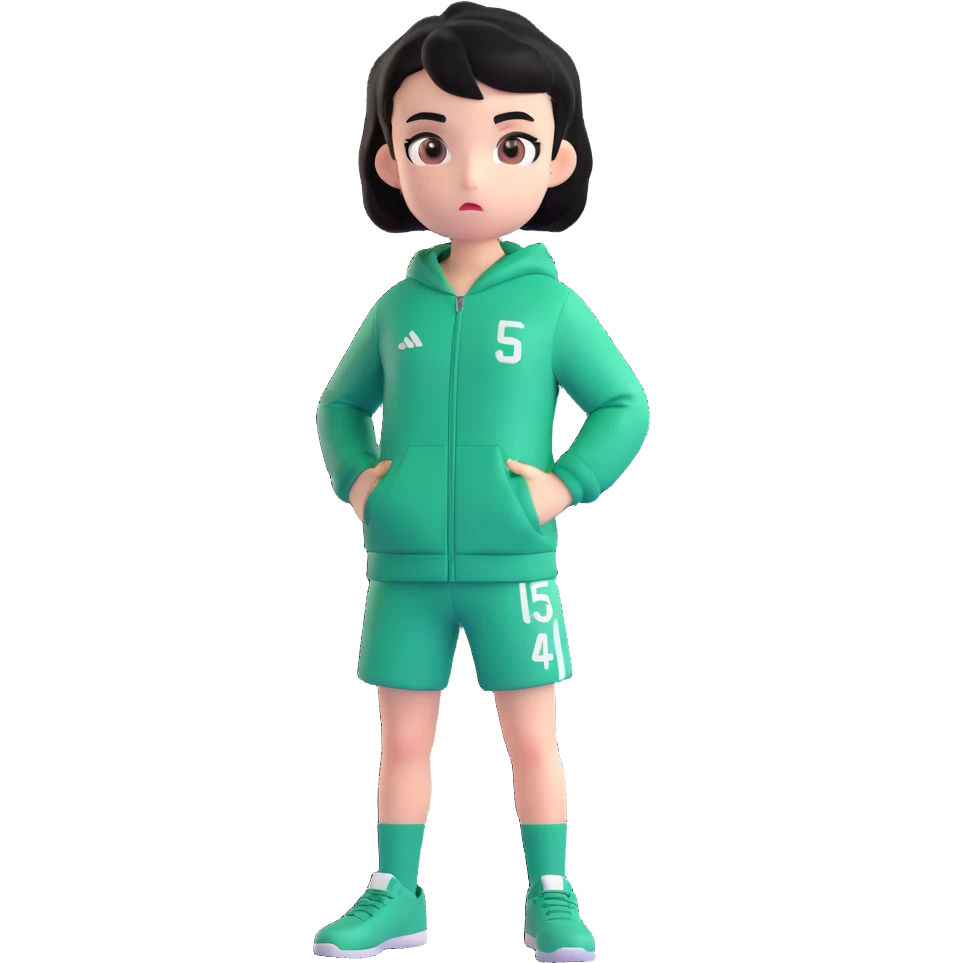 Player 456 from Squid Game, wearing green tracksuit with number 456, short black hair, determined expression, simple character pose emoji