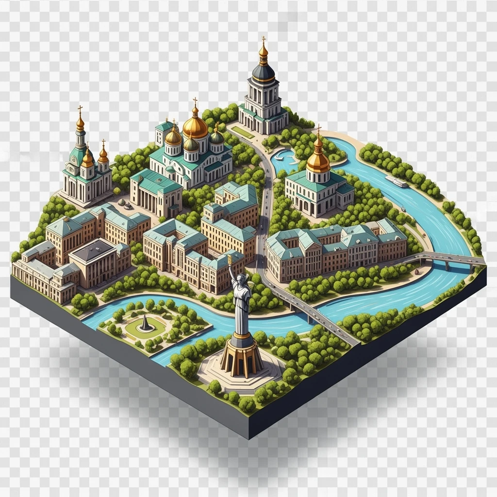 Isometric illustration of photorealistic Kyiv, balanced between paint stylized and realistic, 3D miniature effect, transparent background. emoji