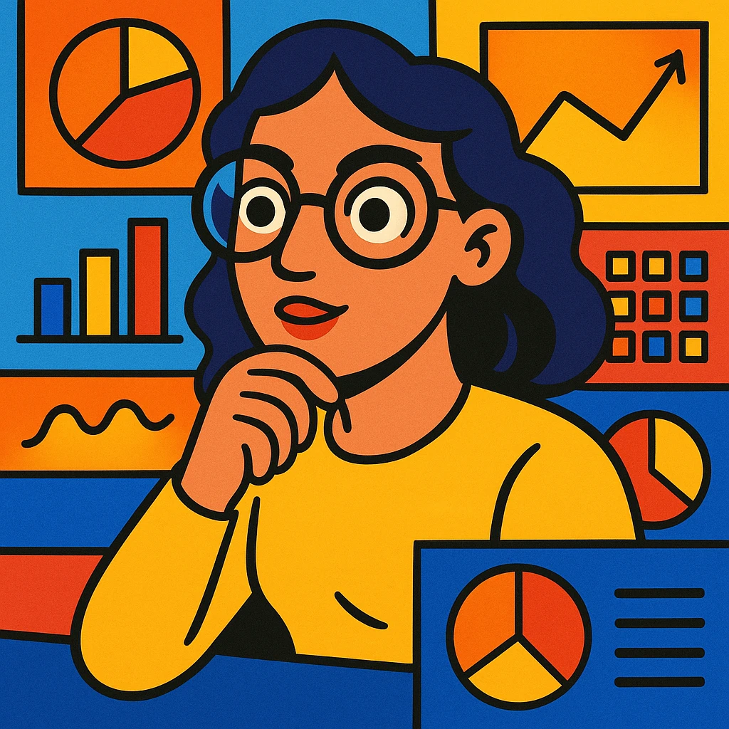 A woman wearing glasses looking at data, in vibrant toon style, colorful and lively illustration with clear details and expressive features. emoji