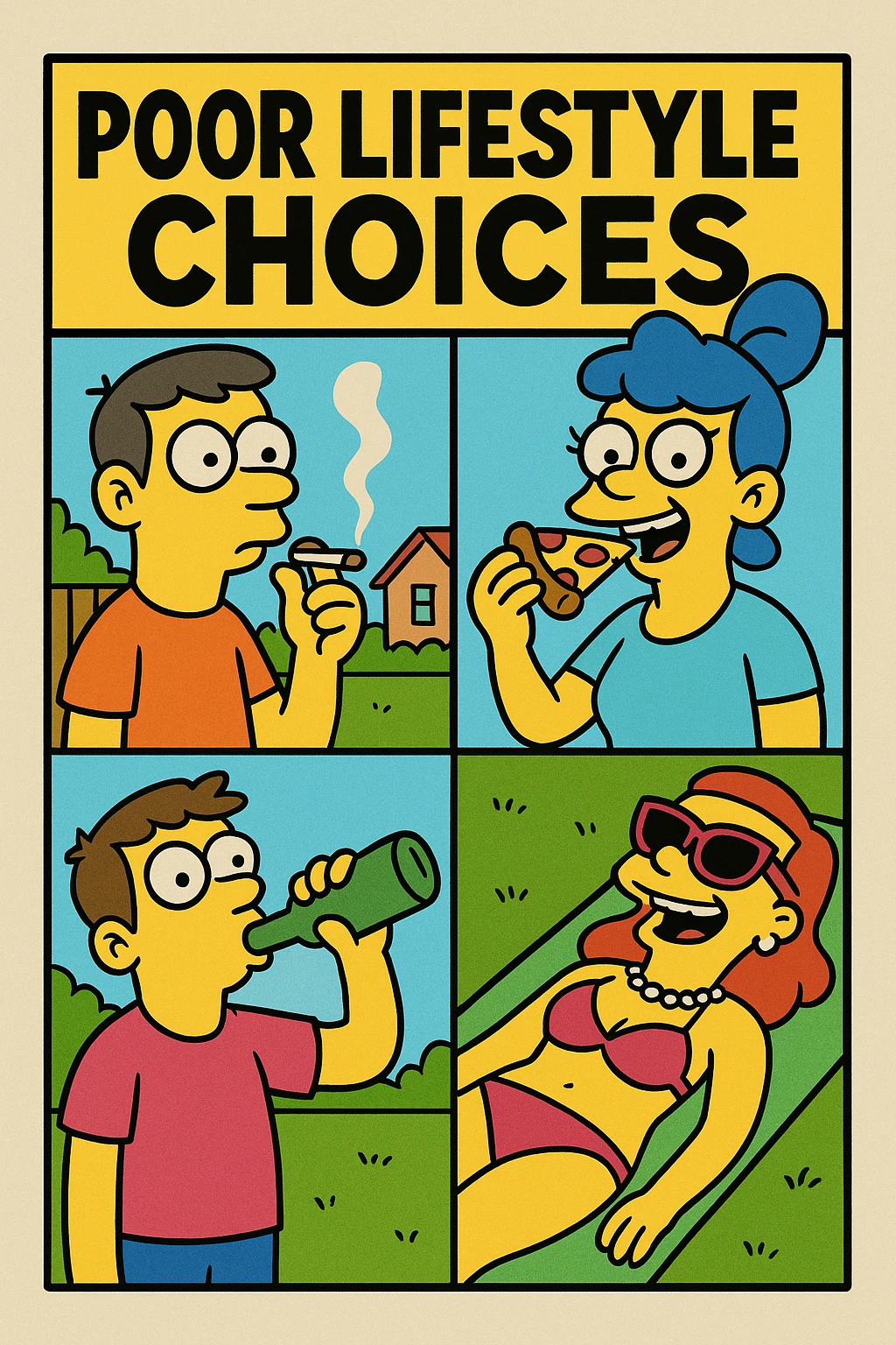 A magazine cover called Poor Lifestyle Choices with images of people smoking, eating pizza, drinking alcohol and sunbathing emoji