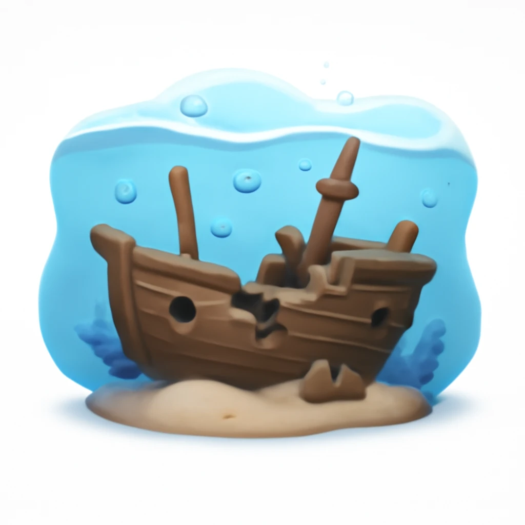 3D iPhone style emoji of a sunken ship underwater, lying on the ocean floor, broken details, surrounded by bubbles and soft blue water effect, isolated on white background, soft shadows, high detail, playful and cute. emoji