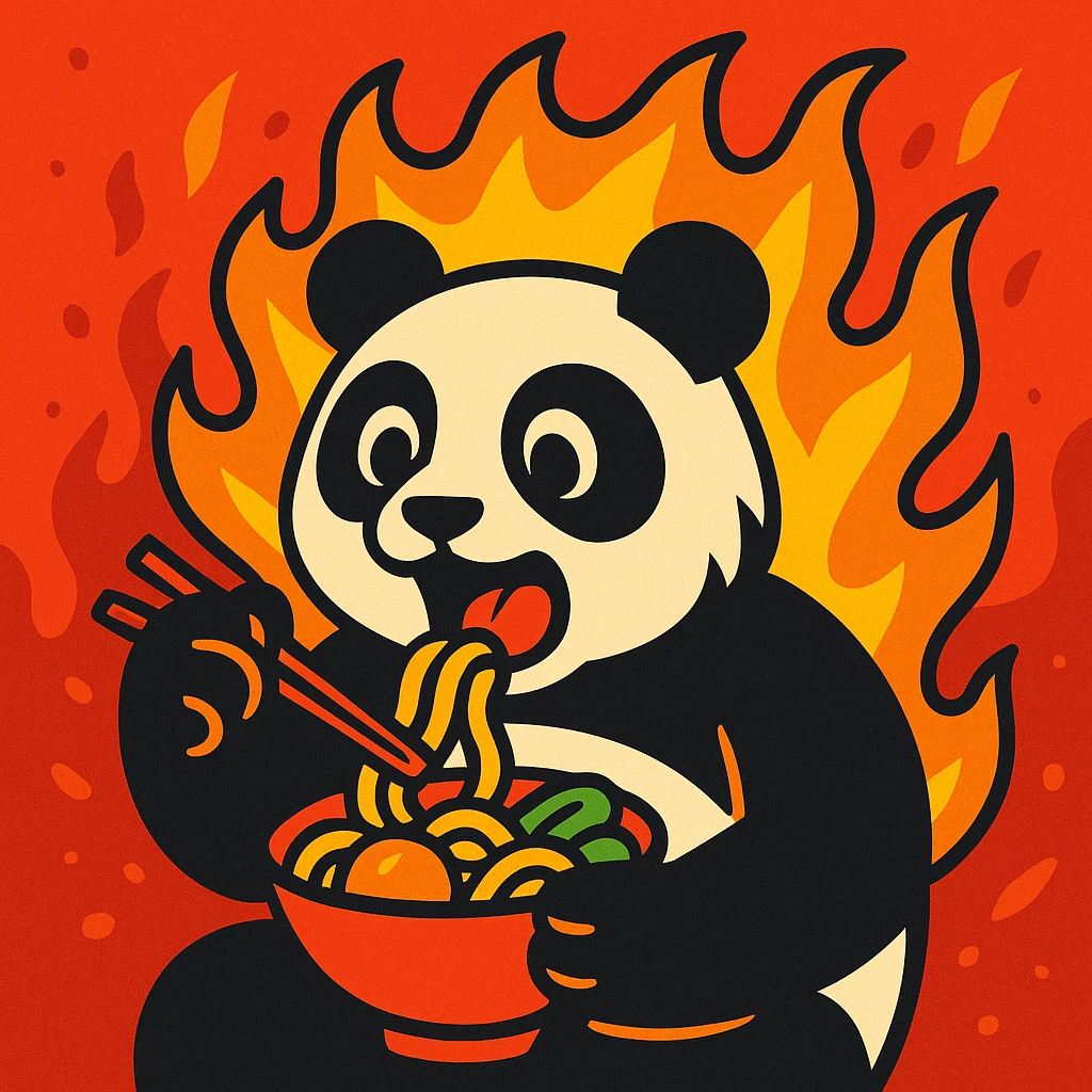 a panda engulfed in flames eating food in a vibrant comic style emoji
