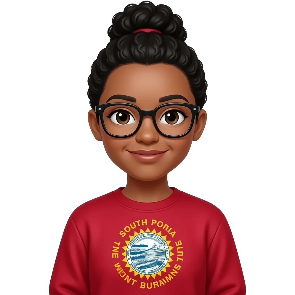 6th grade science teacher wearing a south dakota state red sweatshirt with black curly hair in a bun with black glasses fully white emoji