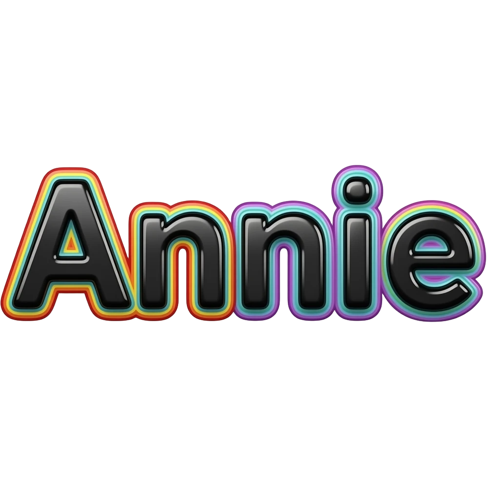 name "Annie" in a realistic glossy black color, 3D style typography lettering, each color of the rainbow as a border outlined around each letter, isolated, 3d rendering, no emoji icons no emoji faces and must have no human figures emoji
