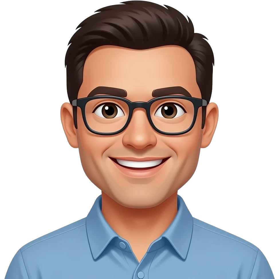 An emoji showing only the bust of a cheerful man in his early 30s wearing glasses and smiling emoji