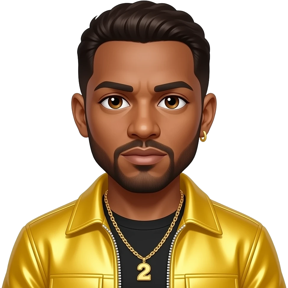 Bryan Abrams from Color Me Badd with brown eyes, dark brown 90s hair and short beard, yellow metallic new jack swing outfit, necklace and earrings emoji