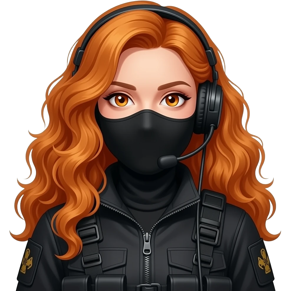 sexy girl with long curly ginger hair and ginger eyes wearing-a-black-special-tactics-medical-force-outfit-and-a-black-combat-boots-plateface-a-black-balaclava-and-wears-a-headset emoji
