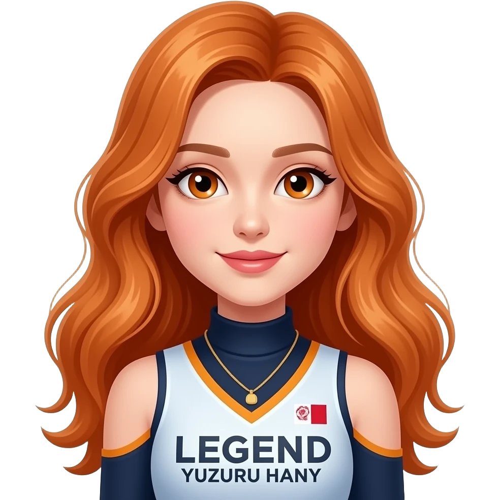 sexy girl with long ginger hair and ginger eyes a top with LEGEND YUZURU HANYU written on it emoji
