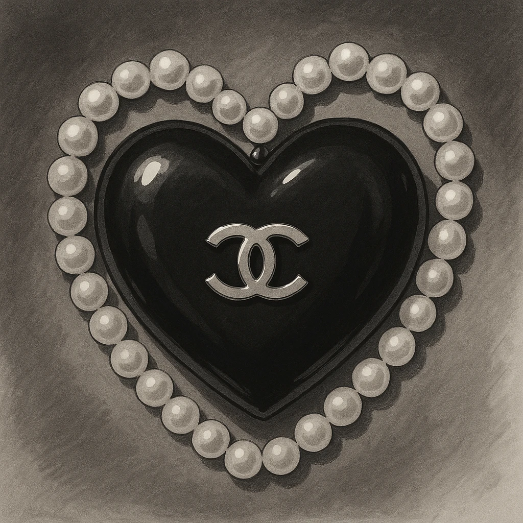 glossy black heart with a string of pearls around it, featuring a silver Chanel logo in the center, elegant, black and white color scheme, ghibli style emoji