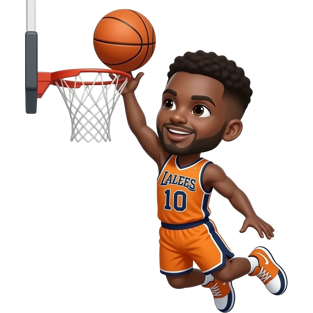 black man with fluffy brown low taper fade dunking the ball in jersey number 10 and the colors of of the jersey is orange and black emoji