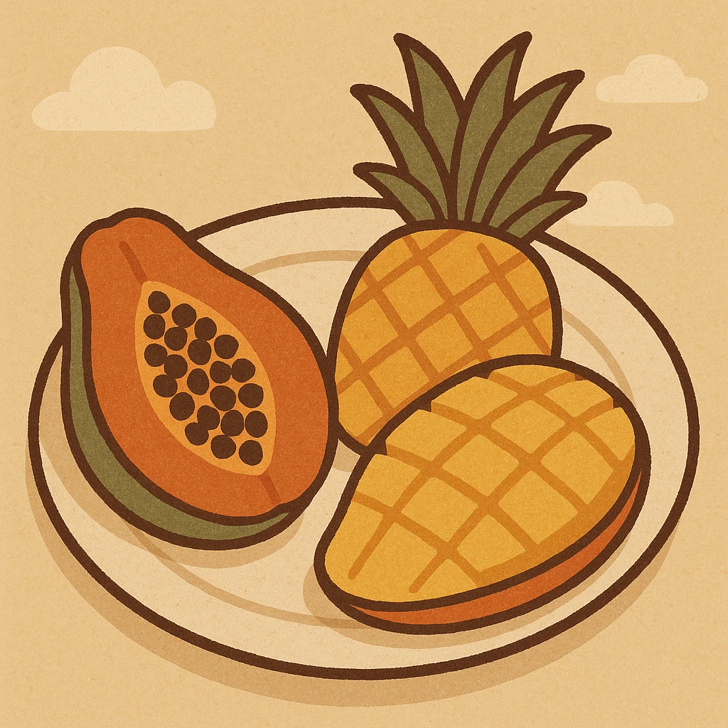 a plate with tropical fruits like pineapple, mango, and papaya, in flat warm colors illustration style emoji