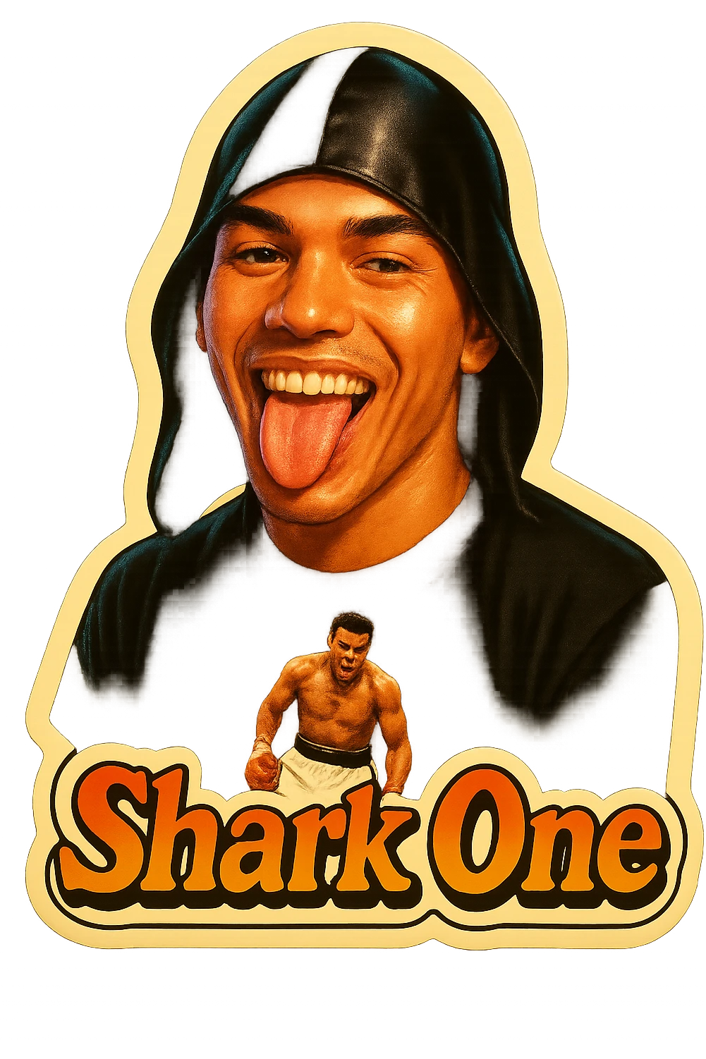 Make him Smiling with tongue sticking out
Add the words Shark One emoji
