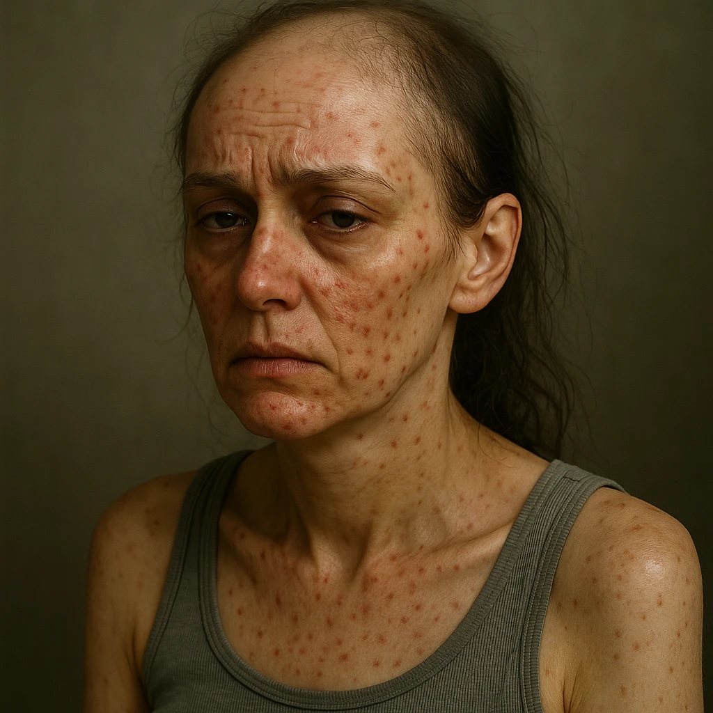 Highlight hormonal symptoms in a woman: evident acne on the face, alopecia with thinning hair areas, dull skin, tired expression, hyper-realistic details, atmosphere suggesting hormonal discomfort. The style should reflect a realistic and detailed portrayal to emphasize the symptoms and mood. emoji