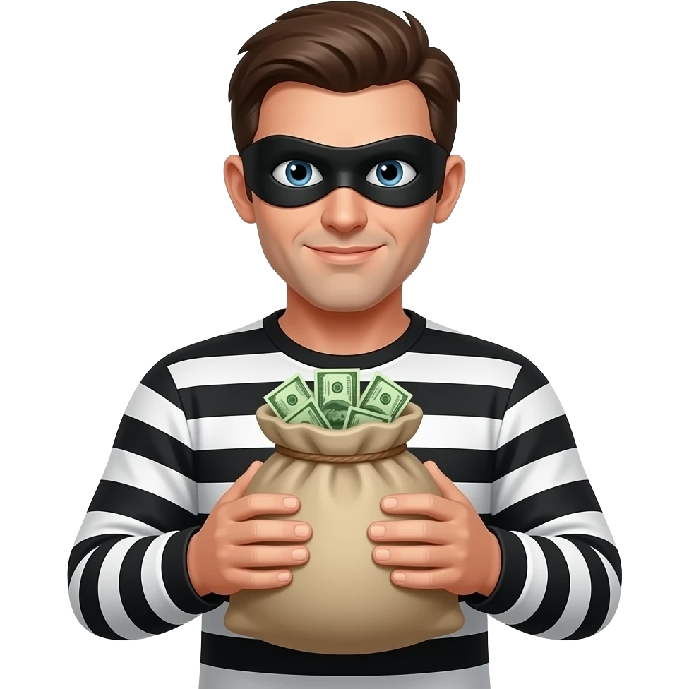 L'emoji di un ladro fammela in  e fammelo con un vestito con le strisce bianche e nere e anche una maschera che copre che sta sugli occhi e un dacco con dentro dei soldi emoji