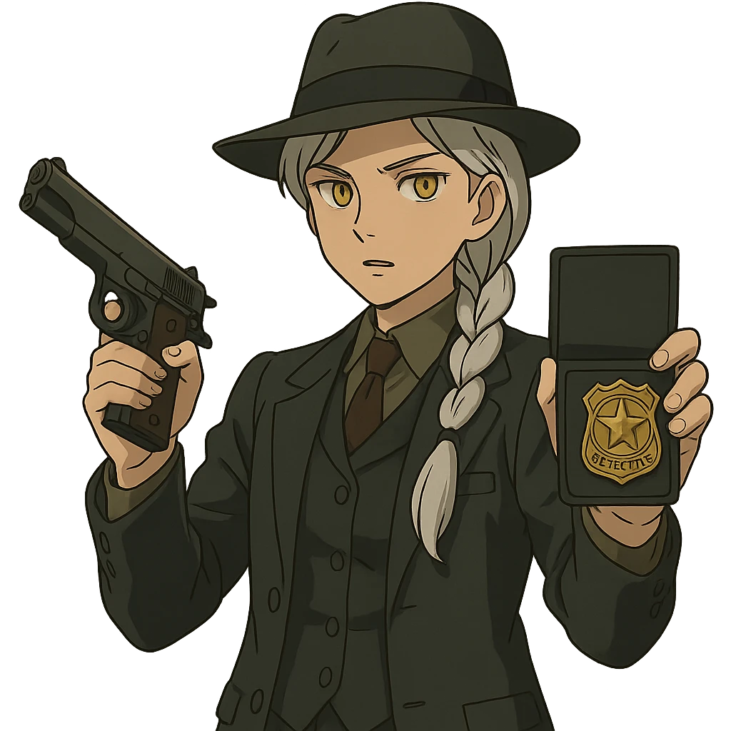 1 female, 1920's mens suit, long white hair braid, gold yellow eyes, muted dark colors, brandishing a colt 1911 and a detective badge emoji