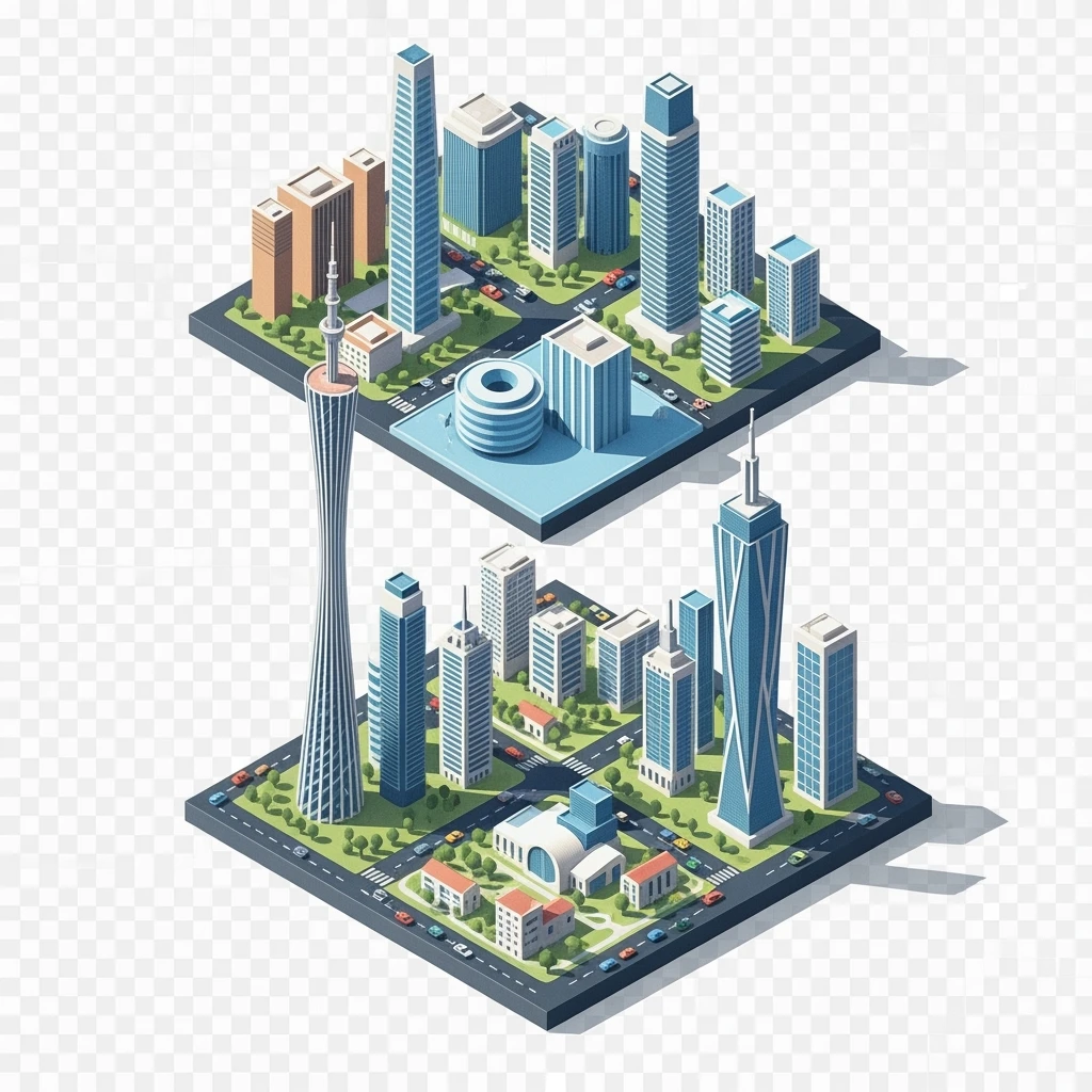 Isometric minimalistic illustration of Guangzhou and Shenzhen, subtle 3D miniature effect and Tilt Shift effect, no cartoonish look, transparent background. emoji