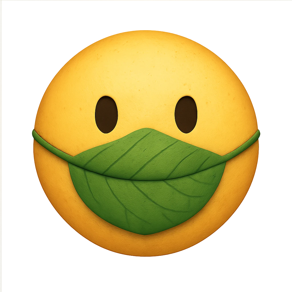 yellow face with green leaf mask emoji, digital illustration emoji