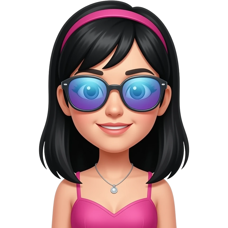 A character wearing bright reflective sunglasses, black hair, pink dress. emoji