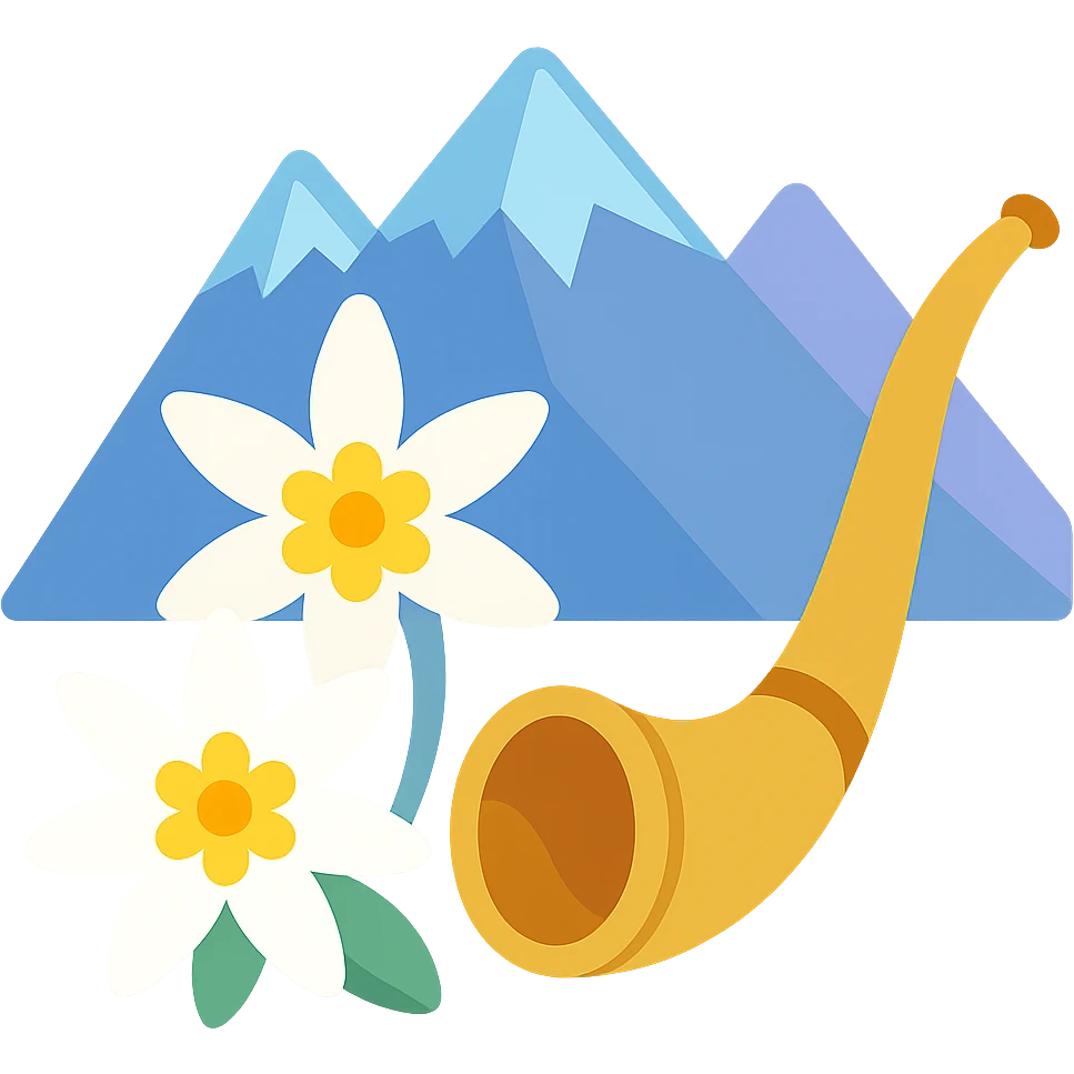 Edelweiss flowers very white, Alpine horns curved, add a mountainous background, colorful icon style with a kitsch alpine ambiance. emoji