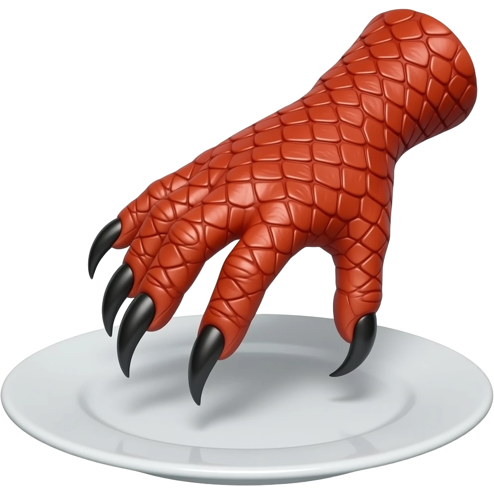 hand with red scales and black hooked claws pressing on a plate emoji