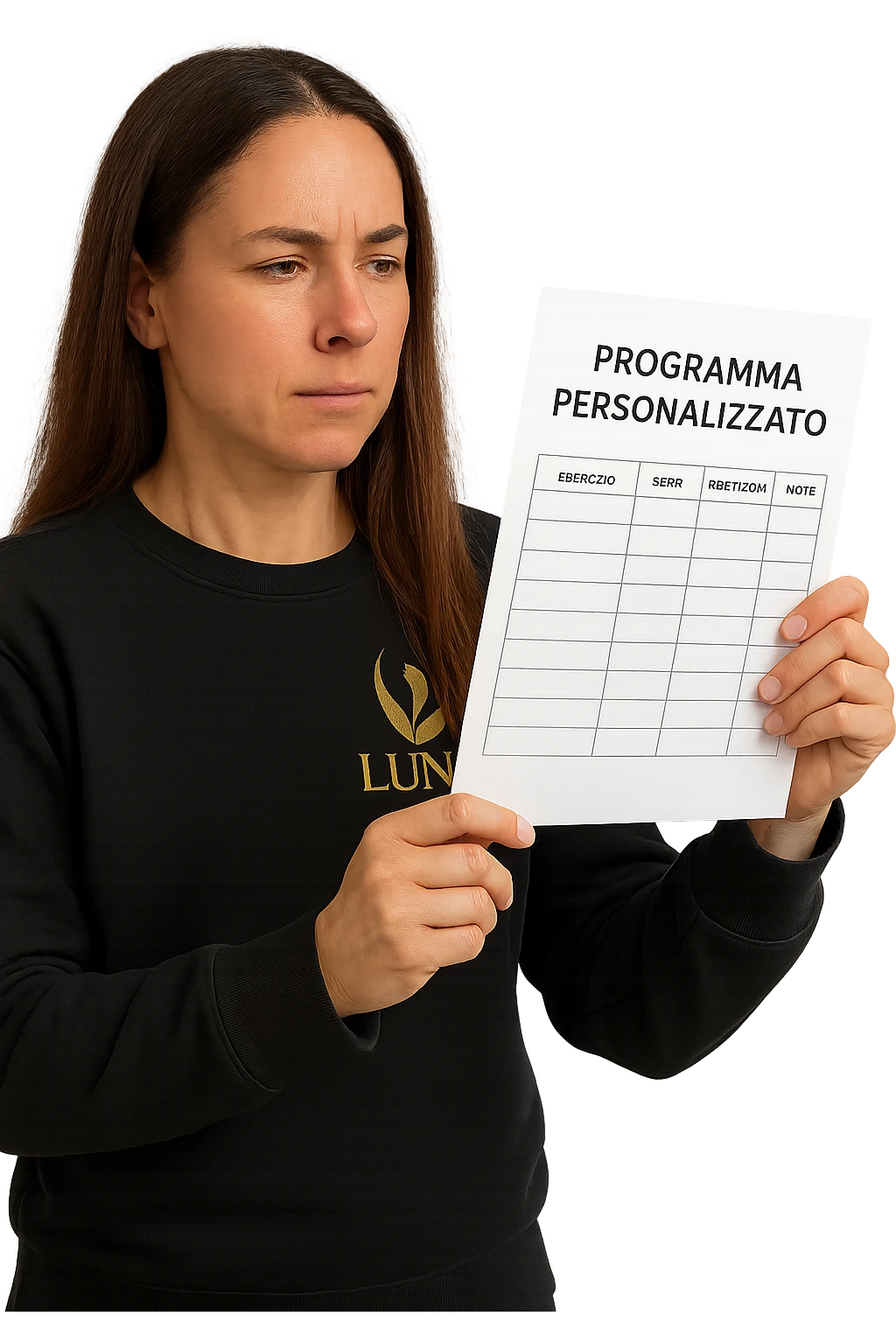 Donna con in mano Scheda di allenamento di palestra con scritto "Programma Personalizzato" emoji