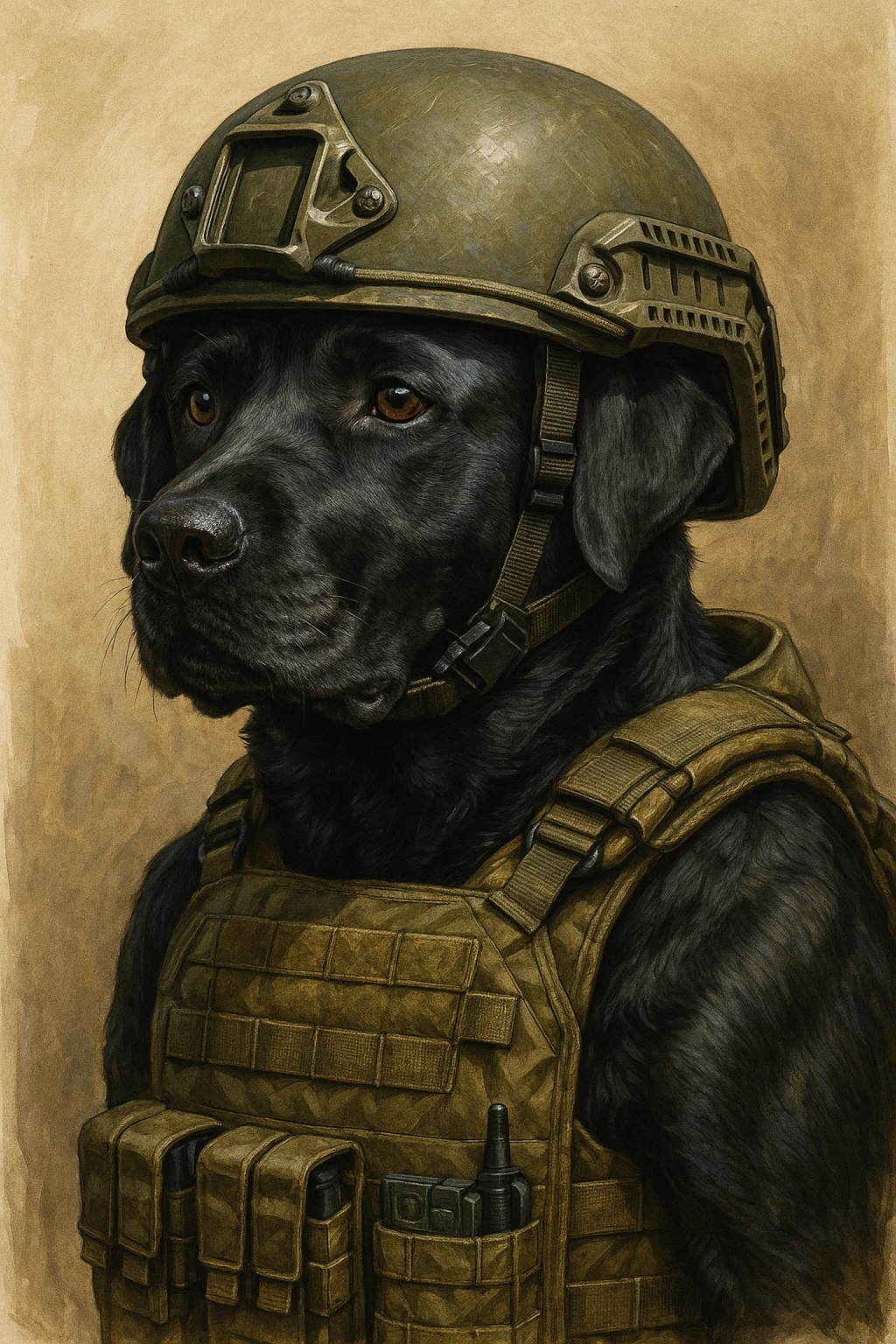 illustrated black labrador retriever with a military helmet and vest emoji