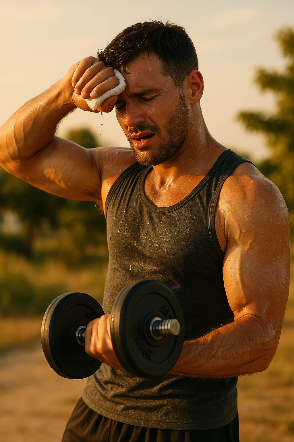uomo fitness che si allena in estate, tutto sudato, con una mano fa un curl manubri mentre con l'altra mano si asciuga il sudore dalla fronte, espressione affaticata in volto emoji