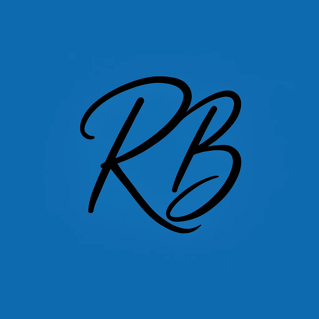 Change the background to blue while keeping the modern minimal calligraphy initials 'RB' intact, preserving the style and elegance of the original image. emoji