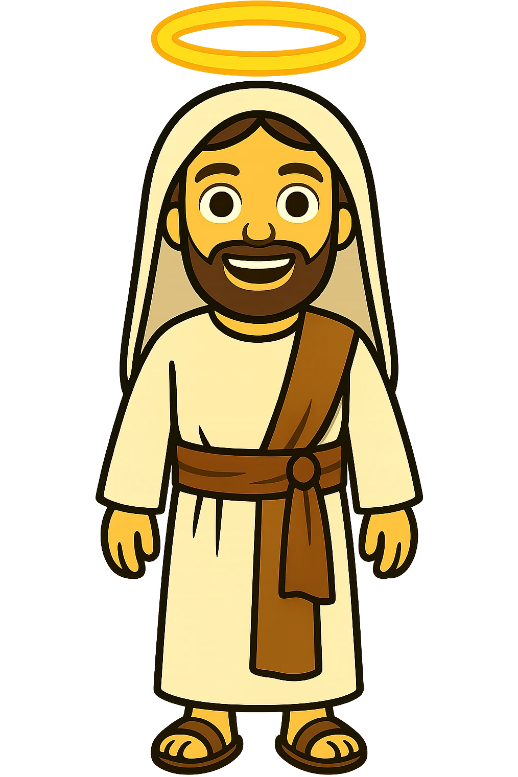 Create a centered full body image of Apostle Peter in classic emoji style. He is facing straight, smiling with an expressive face and a halo, wearing a robe with a brown sash and head covering as in the reference image, but with long sleeves. No background. emoji