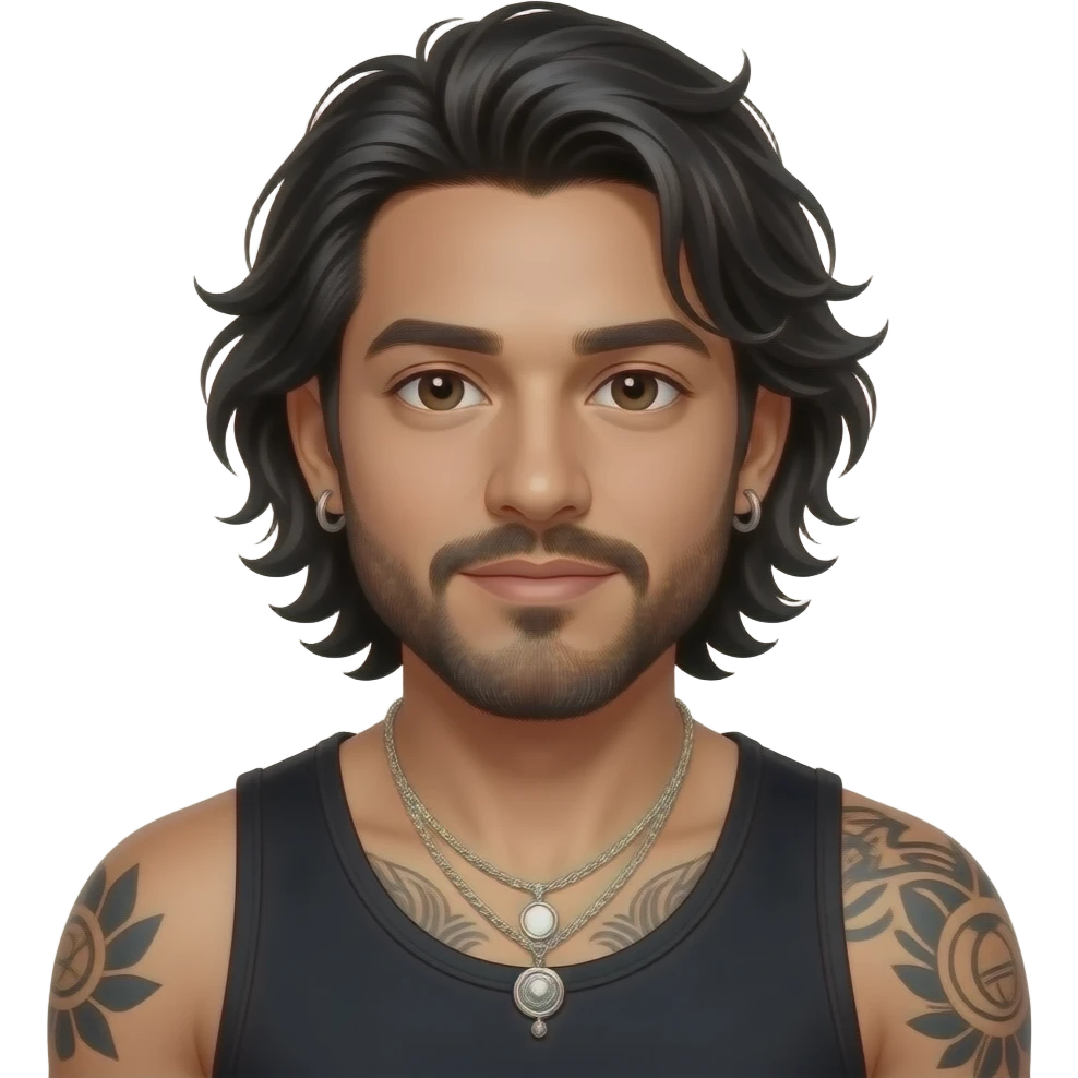 handsome, manly Latino podcast host with black colored eyes wearing a black tank top with silver jewelry, with medium length hair, a very long, lightly graying beard and tattoos, his ear and nose pierced, his hair is a big mess because he just woke up, eyes barely open emoji