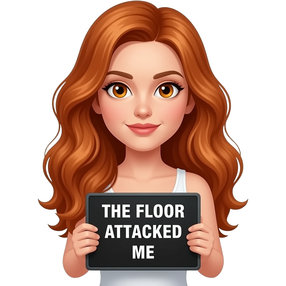 sexy girl with long wavy ginger hair and ginger eyes wearing a white tanktop is holding a black colored sign with THE FLOOR ATTACKED ME... written on it emoji
