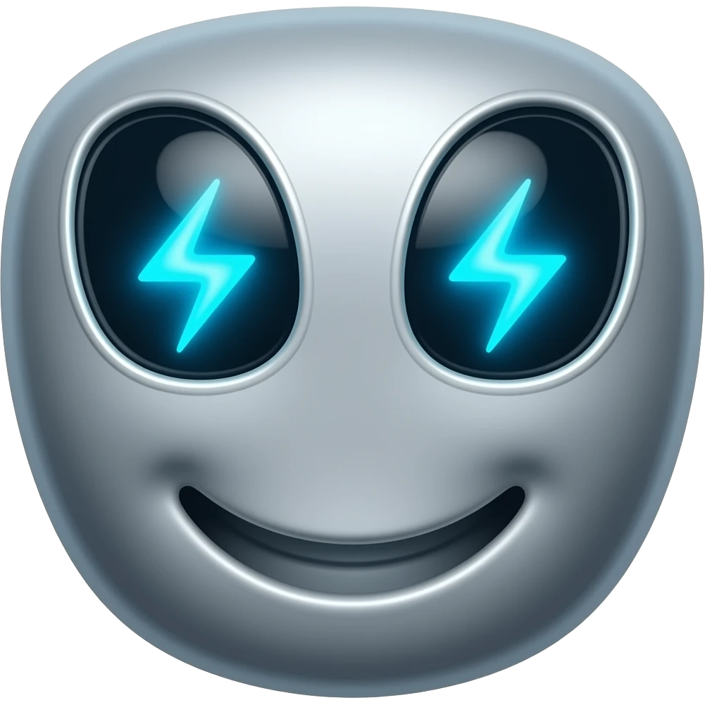 A futuristic emoji with a confident smirk, glowing electric blue eyes, subtle lightning aura, representing intelligence and bold energy, smooth 3D render, glossy finish, centered, dark background, ultra clean, iconic and unique, high detail emoji