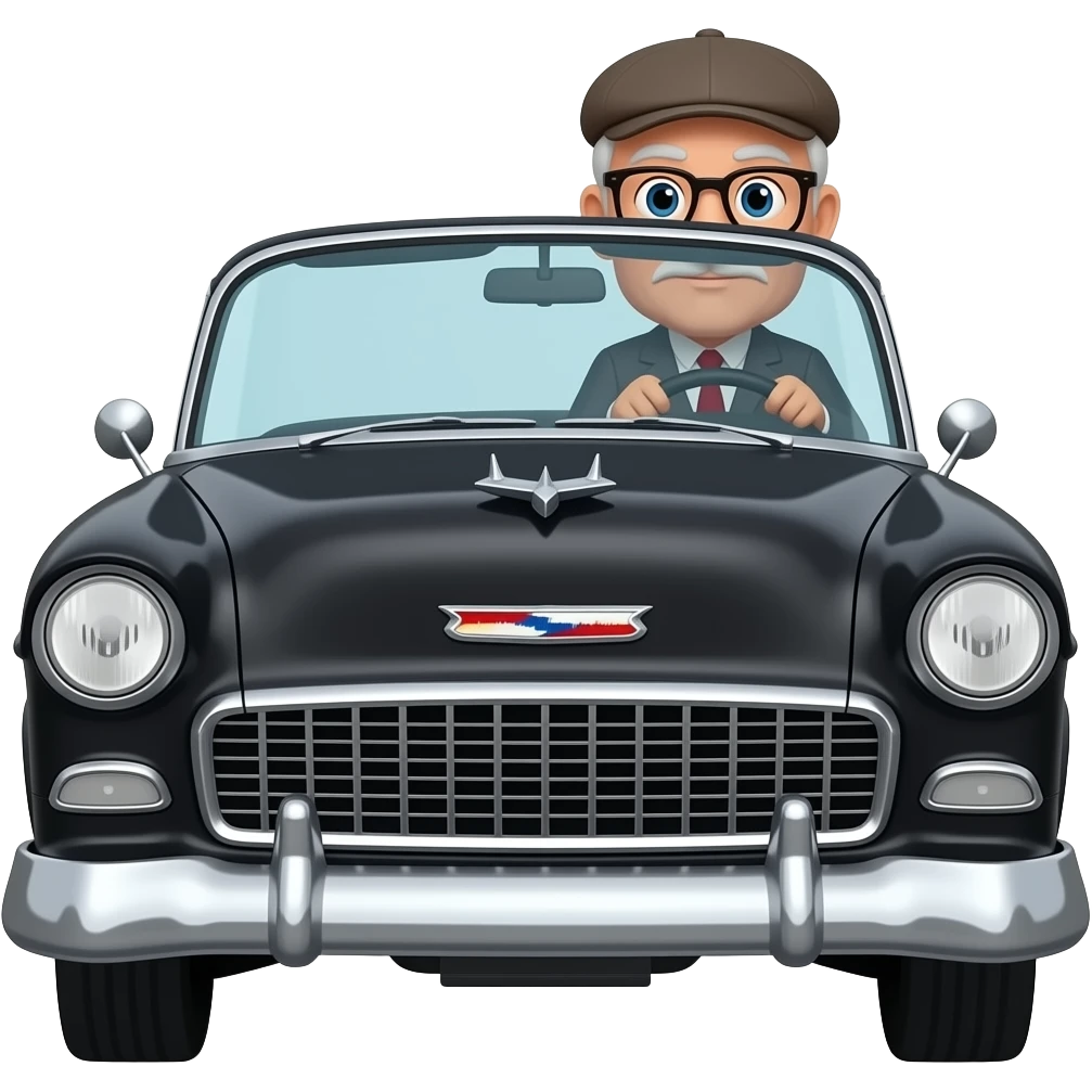OLD MAN WITH  NO FACIAL HAIR GLASSES AND FLAT CAP DRIVING BLACK 1955 CHEVY WITH emoji