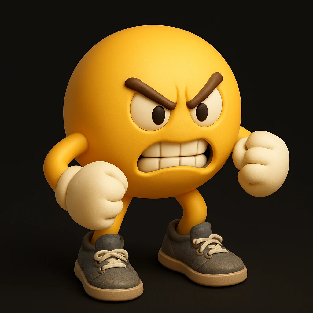 3D style yellow emoji character, angry expression (furrowed brows, narrowed eyes, gritted teeth). White gloves, fists clenched, fighting stance. Worn gray sneakers with blue tongues and white laces. Black background. emoji