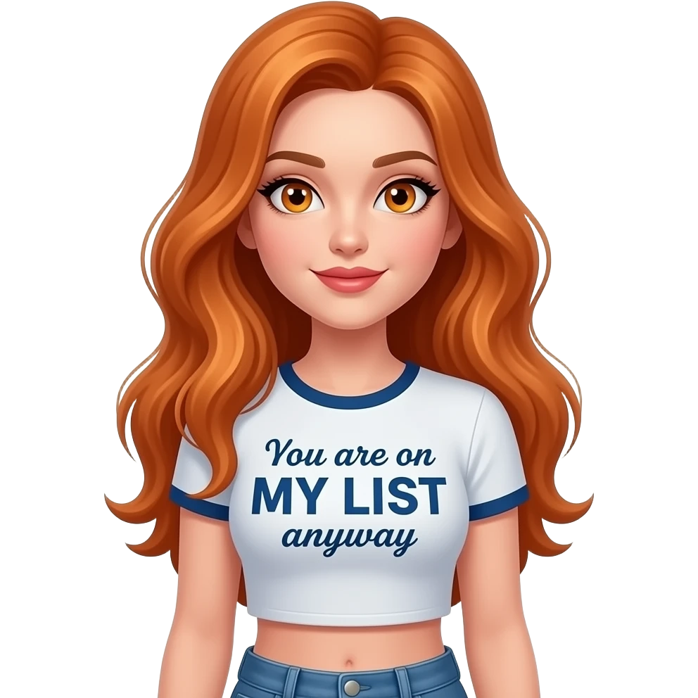 sexy girl with overlong ginger hair and ginger eyes a top with ... You are on MY LIST anyway written on it emoji