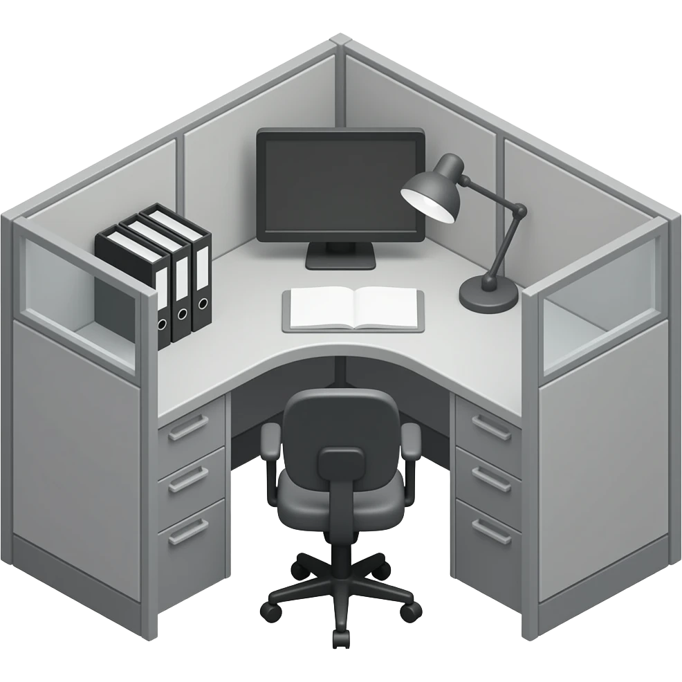 Apple-style 3D emoji icon, only showing a cubicle desk with file cabinets, desk lamp on, office chair, clear workspace, rounded shapes, soft gradients, iPhone emoji aesthetic, high-resolution PNG, grays and blacks and whites, absolutely no floor as part of the emoji emoji
