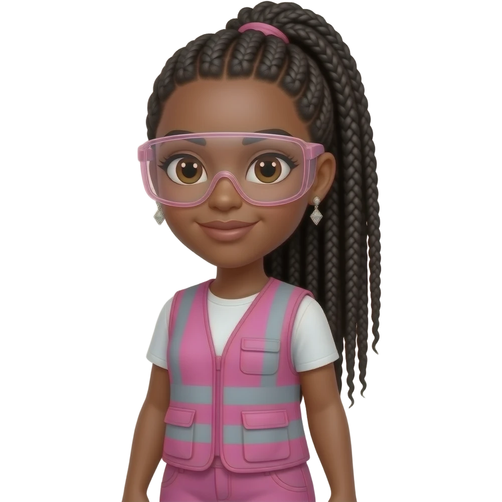 African American women with brown eyes with long black box braids in a ponytail wearing diamond earrings wearing pink and clear safety glasses wearing a pink construction vest wearing pink pants emoji