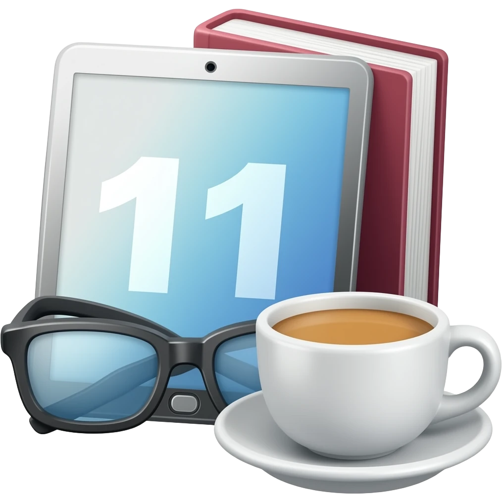 Gere um emoji de estudo: com um livro, um iPad 11, e um copo de cappuccino emoji