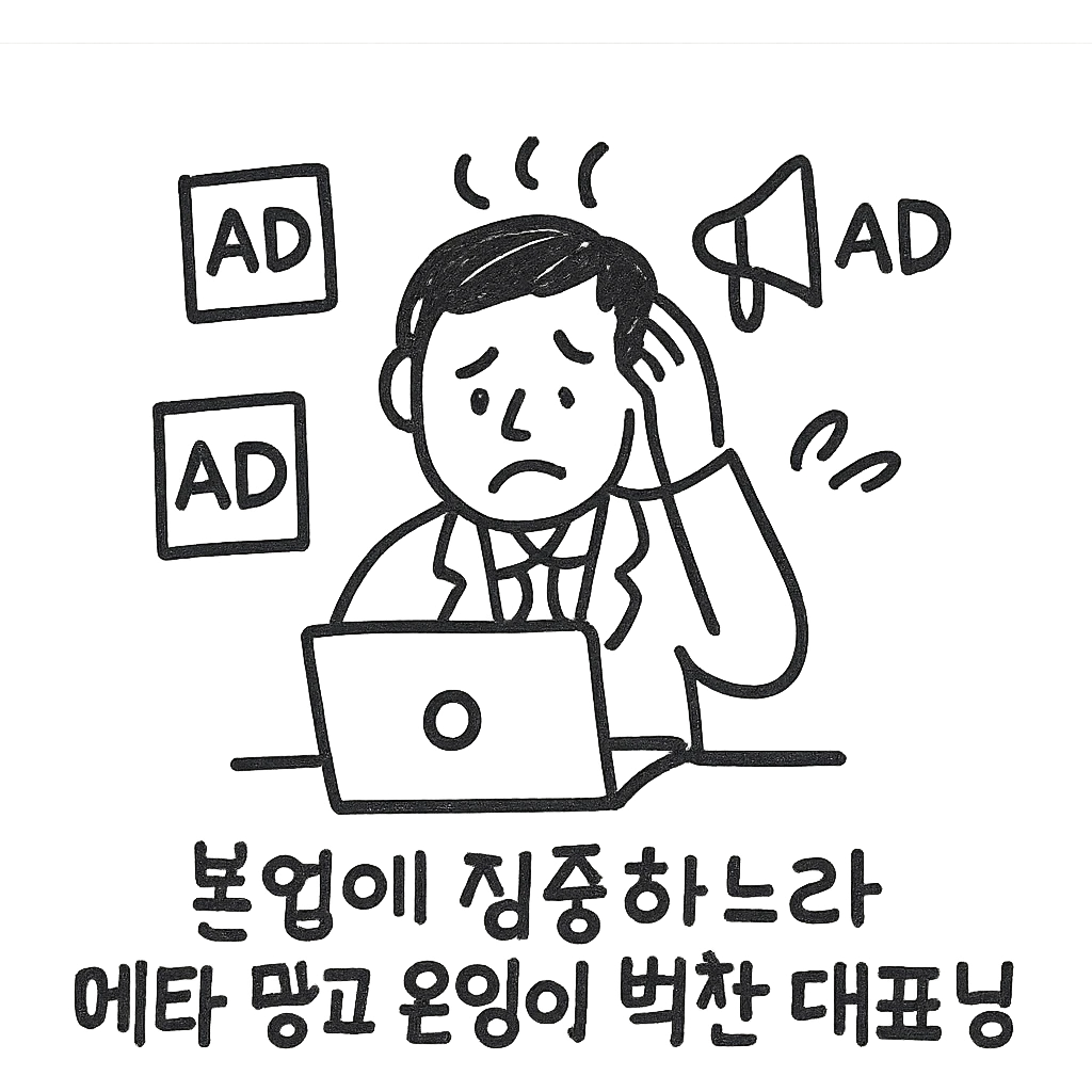 A hand-drawn style icon of a business owner with a laptop, surrounded by ad icons, looking stressed, with Korean text: '본업에 집중하느라 메타 광고 운영이 벅찬 대표님' emoji