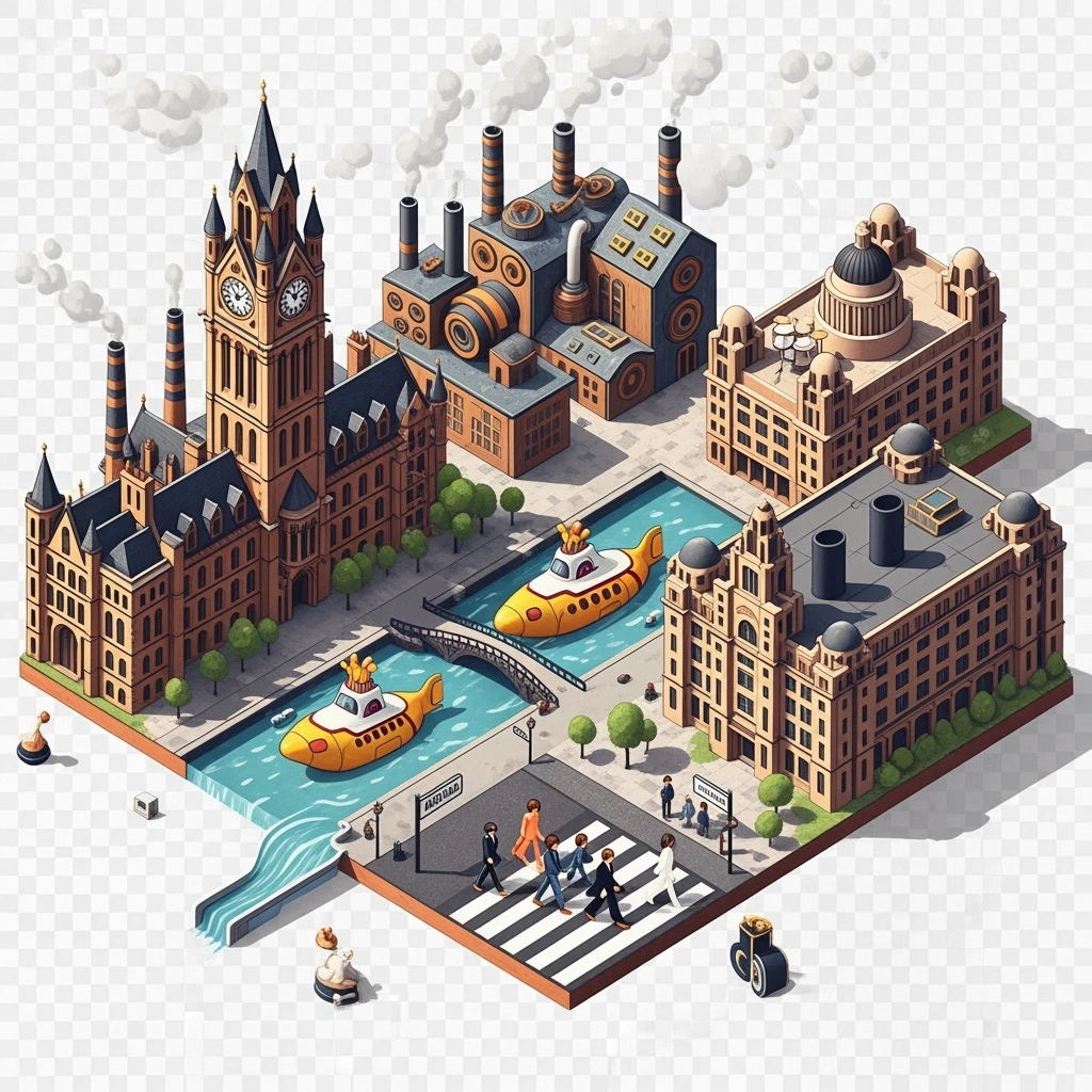 Isometric illustration of Manchester and Liverpool combined, featuring Beatles references (Abbey Road sign), Manchester Town Hall, toy-style factories, balanced between stylized painting and realistic, transparent background emoji