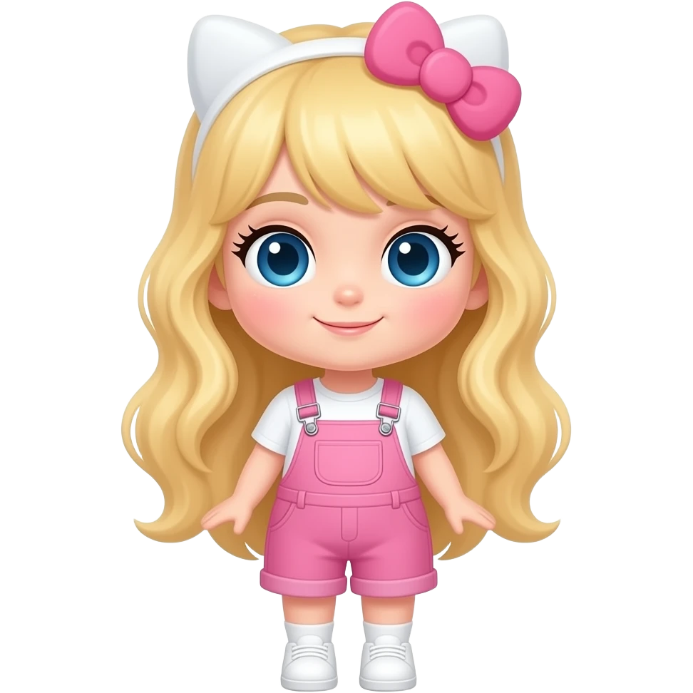Blonde girl with hello kitty ears and white shirt and pink overalls blue eyes eyelashes blush over the nose white shoes cute eyes and white skin emoji