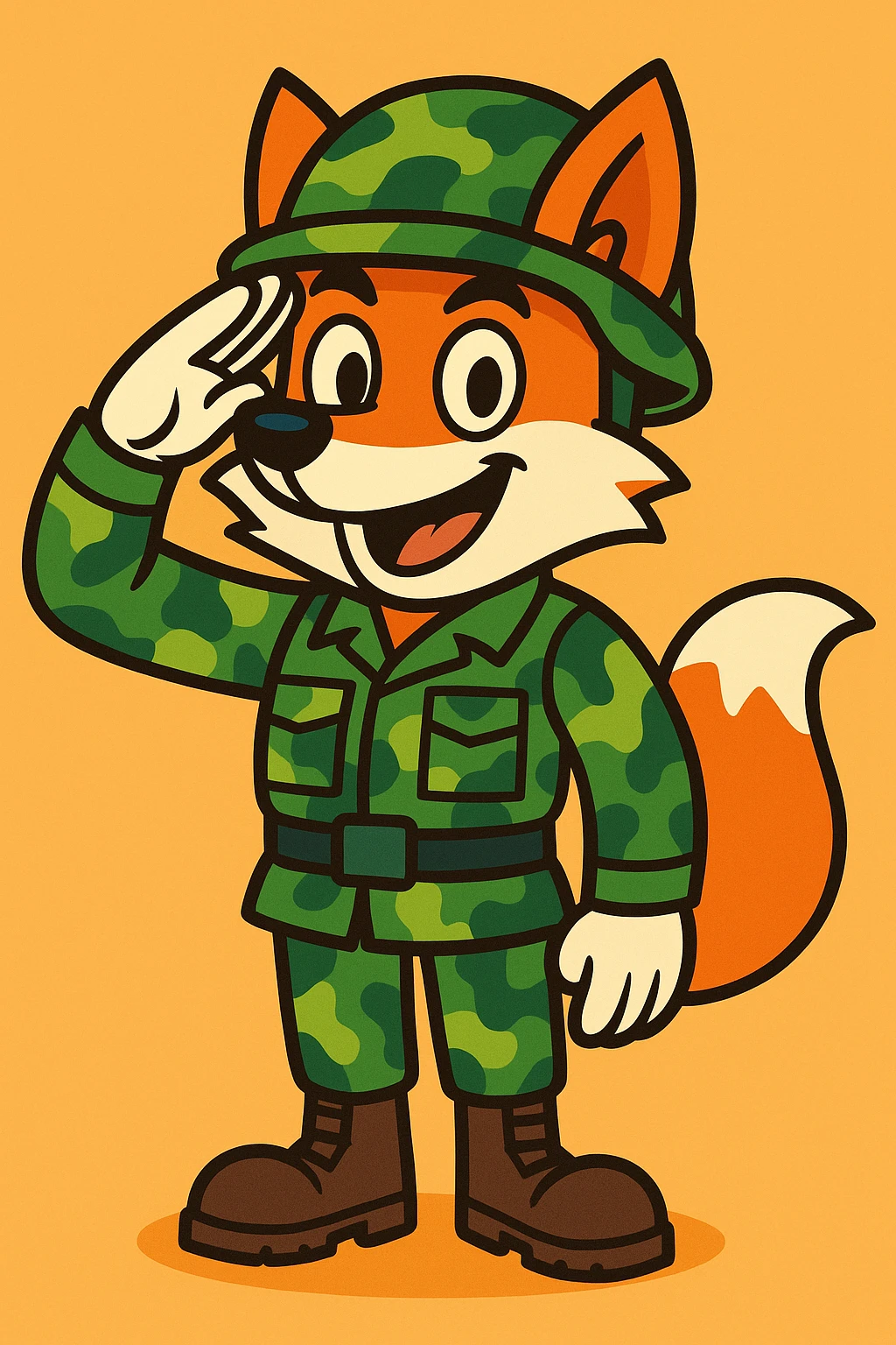 cartoon fox in camouflage gear, saluting, with helmet and boots, vibrant toon style emoji